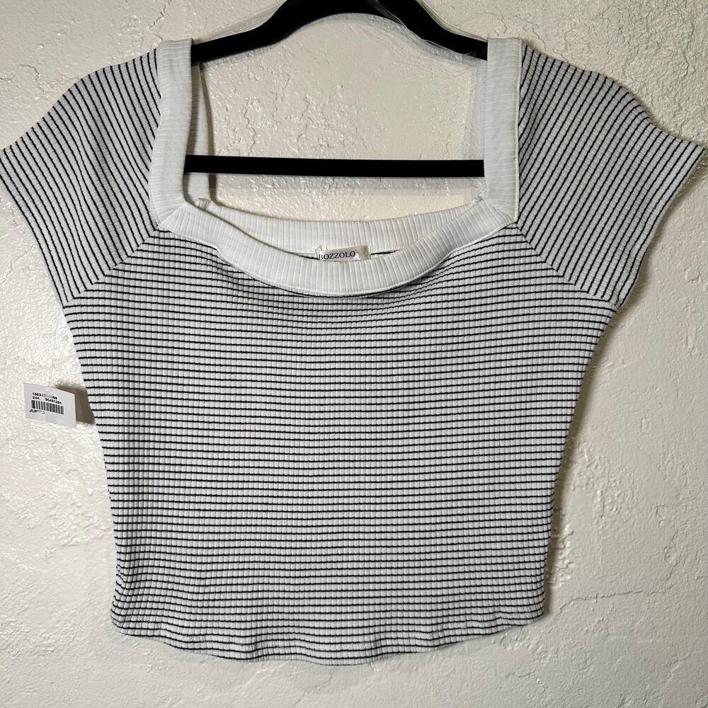NWT Bozzolo Size Large Ribbed Knit Crop Tee Square Neck Cap Sleeves Coastal